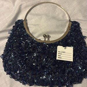 Vintage Beaded Navy Blue Kiss Lock Evening Bag